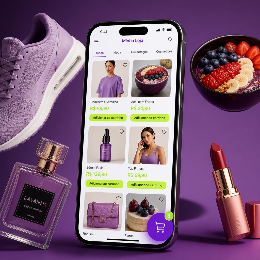 Mockup da loja HB Vendas com produtos e carrinho