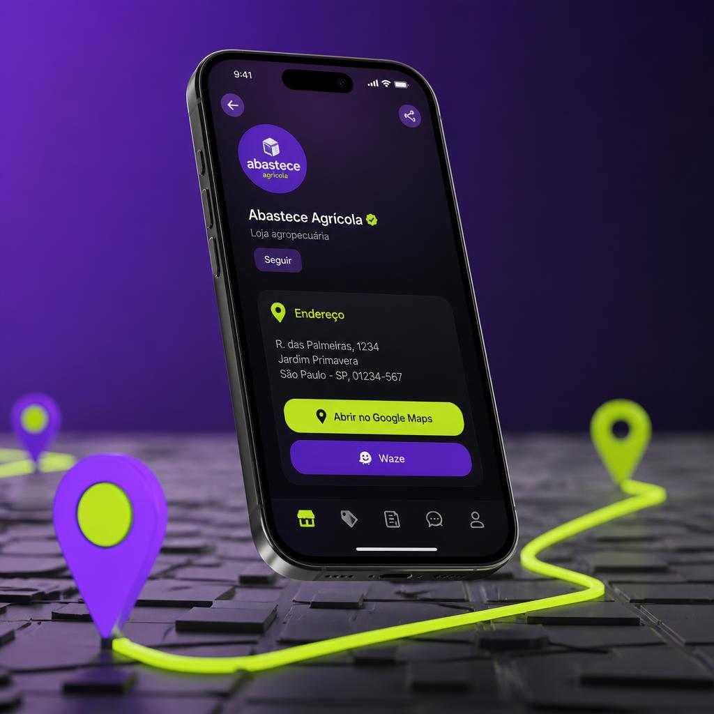 Mockup de perfil HB Links com endereço, Google Maps e Waze