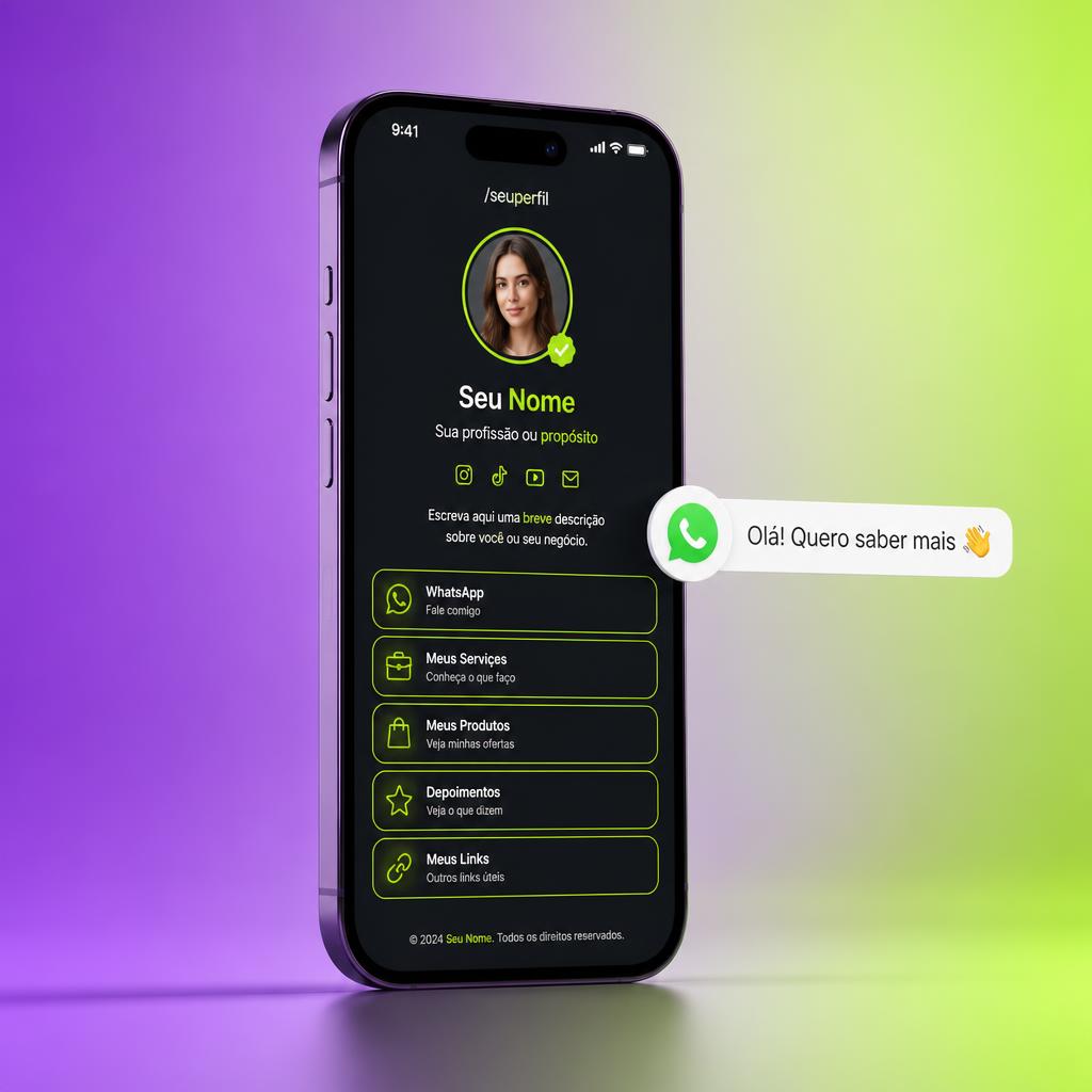 Mockup de página HB Links com botão WhatsApp